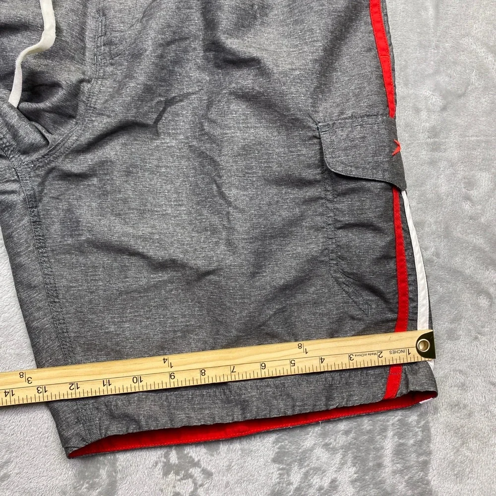 Speedo Mens Gray‎ Red White Stripe Swim Trunks Board Shorts Size L Tropical
